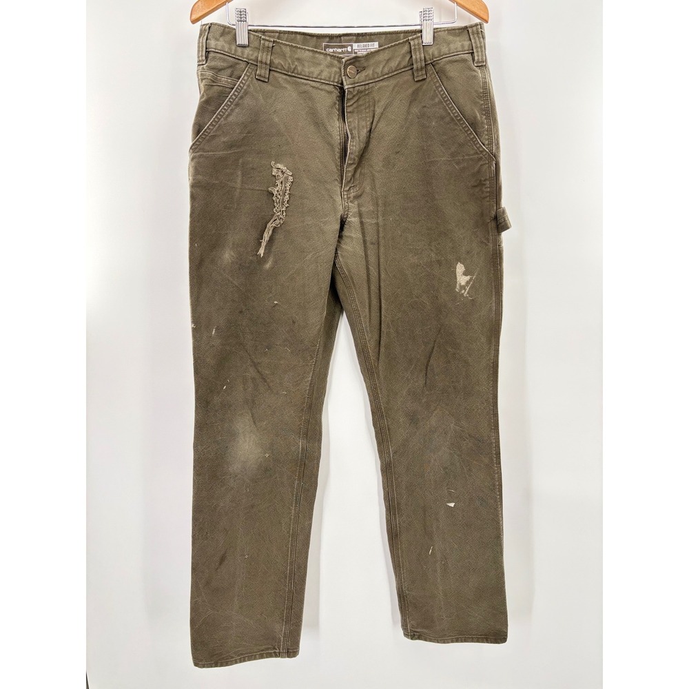 Carhartt Mens 34x34 Carpenter Y2K Faded Olive Green Distressed‎ Workwear Pants